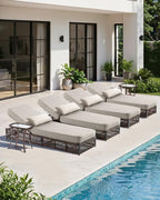 Luxury Outdoor Chaise Lounge with 5 Inch Thickened Cushions - 1 Set High Back Brown Wicker Patio Recliners Rattan Reclining Chairs Porch Poolside Pool Sunbathing Lounger - Beige