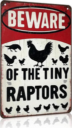 Funny Gifts for Women Chicken Lovers Farm Enthusiasts Beware of The Tiny Raptor Chicken Tin Sign for Chicken Coop Farm Kitchen Garden Yard Decor 8 X 12 Inch (3921)
