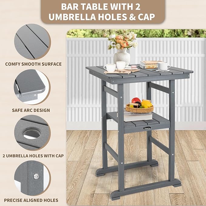 FUNBERRY Outdoor Bar Set with Umbrella Holes, Tall Adirondack Chairs and Table, All Weather HDPE Bar Height Outdoor Table and Chairs Set for Bistro Patio Balcony