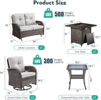 5 Piece Patio Furniture Set with Fire Pit Table - Wicker Patio Conversation Set with Swivel Glider, Glider Loveseat, Tempered Glass Side Table for Deck Backyard - Brown Wicker Beige Cushion