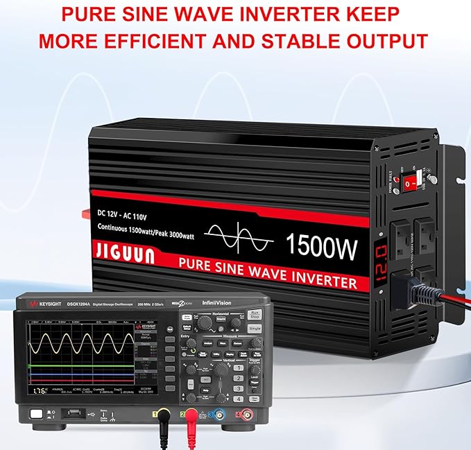 JIGUUN 1500 Watt Pure Sine Wave Inverter DC 12V to AC 120V Converter, Remote Control Power Car Inverter with LED 4 AC Outlets USB Output for Outdoor Camping RV.