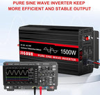 JIGUUN 3000W PeakPure Sine Wave Power Inverter 1500 Watt,12v DC to 110/120v AC Inverter 3 AC & USB Output,Power Converter LED Display for Home RV Camping Outdoor Car Truck