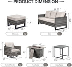 7 Piece Wicker Patio Furniture with Fire Pit Table - Outdoor Conversation Set with 50,000 BTU Fire Pit, All Weather Rattan Patio Set for Deck Backyard Garden - Grey Wicker Beige Cushion