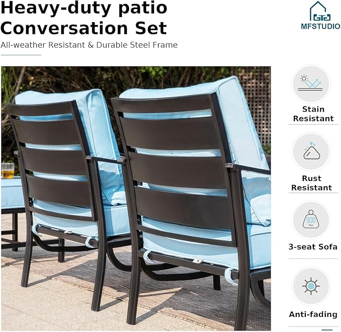MFSTUDIO 4 Pieces Patio Conversation Sets, All Weather Metal Frame Outdoor Furniture Set Patio Sofas with 1 x 45 Rectangular Propane Fire Table, 1 x 3-Seat Sofa, 2 x Swivel Chairs, Blue Cushion