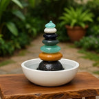 Natural Septuple Rock Cairn Water Fountain with Glass - Indoor Tabletop Water Fountain - Natural Stone & Recycled Glass Water Feature for Home and Office Decor