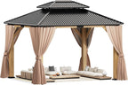 13'x 15' Outdoor Wooden Gazebo, Patio Hardtop Gazebos with Double Roof, Double Galvanized Steel Hardtop Roof Wood Frame with Netting and Curtains (13'x 15')