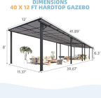 AECOJOY 40' x 12' Gazebo for Patio, Large Wall-Mounted Hard Top Lean-to Gazebo Pergola with Roof 12' x 40' on Clearance, Heavy Duty Patio Awnings for Decks, Backyard
