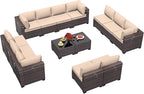 Outdoor Patio Furniture Set, 14 Pieces Outdoor Furniture All Weather Patio Sectional Sofa PE Wicker Modular Conversation Sets with Coffee Table,12 Chairs & Seat Clips(Sand)