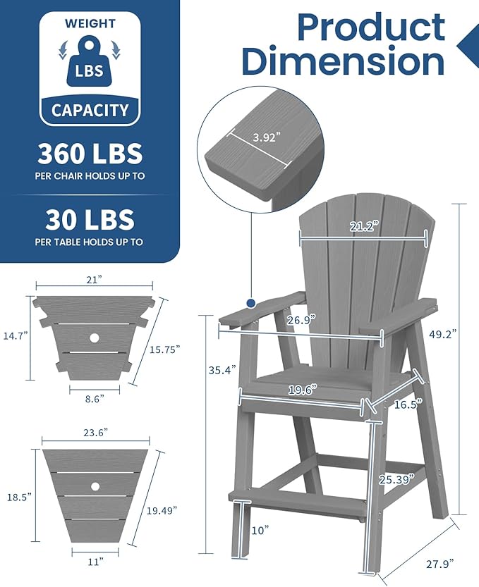 Ciokea Tall Adirondack Chairs Set of 2, HDPE Outdoor Adirondack Bar Stools with Double Connecting Tray, Weather Resistant High Back Adirondack Balcony Chairs for Deck, Lawn, Pool, Backyard, Grey