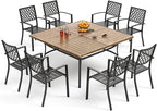 PHI VILLA 9-Piece Outdoor Dining Set, Retangualr Metal Table (60") with Umbrella Hole and 8 Stackable Dining Chairs – Perfect for Patio, Garden, Deck, Porch, and Yard, 9PCS Outdoor Dining Set Style 1