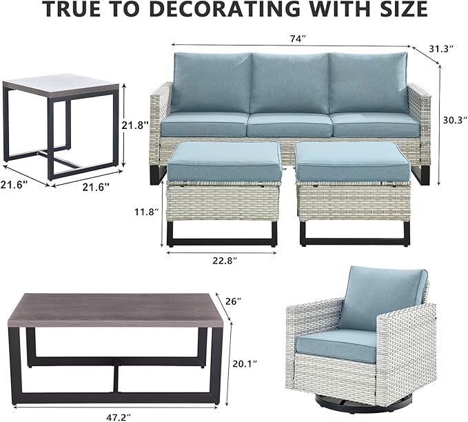 HUMMUH 7 Piece Patio Furniture Set Outdoor Sectional Sofa,High Back Patio Swivel Glider Chairs with Ottomans Coffee Table for Porch,Garden,Backyard…