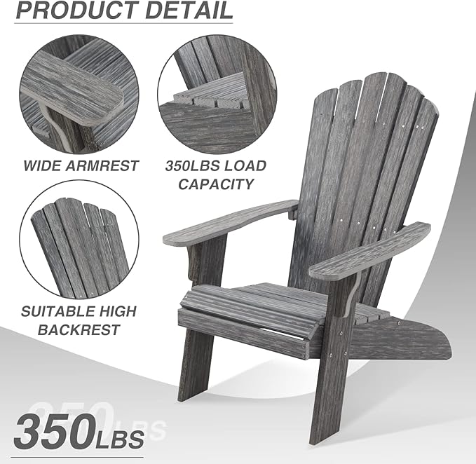 Adirondack Chair Outdoor, Oversized Patio Chair Poly Lumber, Weather Resistant & Heavy Duty, Fire Pits Chair for Porch, Poolside, Lawn, Backyard and Garden, 350lbs Capacity (Grey)