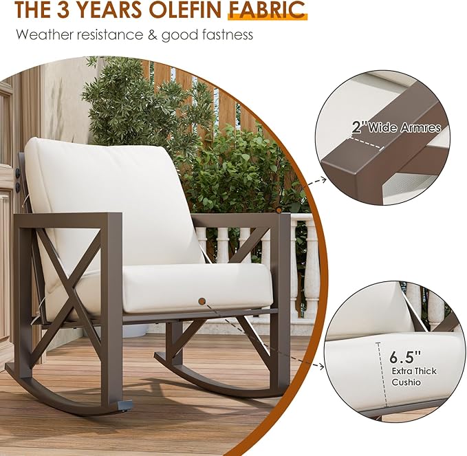 Outdoor Rocking Bistro Set, Patio Rocking Chairs Set of 2 with Coffee Table, 3 Pieces Metal Conversation Sets with 6.5" Thick Cushions for Backyard, Porch, Poolside, Oversized (Beige)