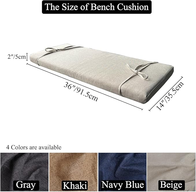 36 x 14 Inch Piano Bench cushons for Indoor Furniture with Ties Non Slip Kitchen Dining Room Bench seat Cushion for Show Storage, Window, Settee, Ottoman，Beige