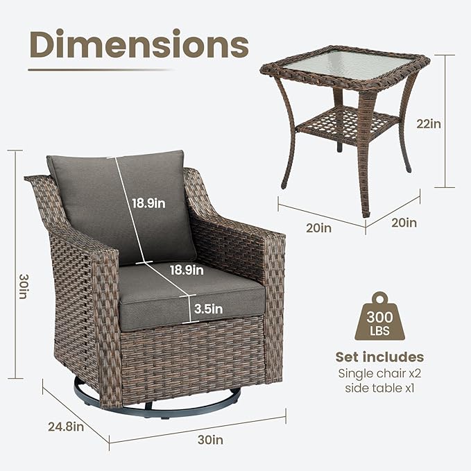 Outdoor Patio Table and Chairs Set - 3 Piece Outside Wicker Conversation Bistro Dining Furniture Sets with Glide Rocking Swivel Chair and Glass Top End Tables for Front Porch Balcony Yard – Brown/Grey