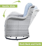 Outdoor Patio Swivel Rocker Chairs - 3 Piece Patio Bistro Set,Wicker Patio Furniture Set with 2 Swivel Rocking Chairs and 1 Glass Top Side Table for Deck Porch Garden,Light Grey/SkyBlue