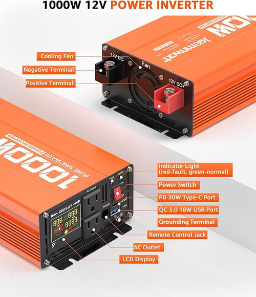 1000W/2000W(Peak) Power Inverter DC 12V to 110V AC with LCD Display, Remote Control, 2 AC Outlets, Fast Charging USB Charger, Car Pure Sine Wave Inverter for Car Home Laptop Truck