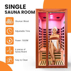 Far Infrared Intdoor Sauna Okoume Wooden Saunas Spa 1550W Dry Sauna Room for 1-2 Person with Bluetooth 7 Color Light 39.37 * 35.43 * 74.8 inch