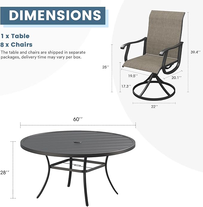 DIFY 9 Pieces Outdoor Patio Dining Set, 8 Brown Textilene Swivel Dining Chairs and 60" Black Round Metal Dining Table, Outdoor Table and Chairs