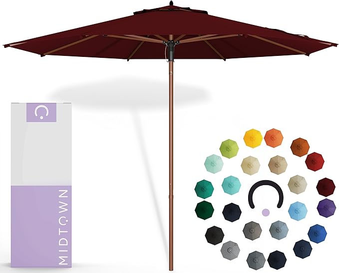 Midtown Umbrellas The Wooden 10 Feet Patio Umbrella With Sunbrella Burgundy Acrylic Fabric - Aluminum Frame Market Umbrella For Backyard, Deck, Garden, Pool - Wooden Pole