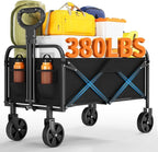 Collapsible Wagon Cart 380Lbs Capacity, Foldable Utility Portable Beach Wagon with All-Terrain Wheels, Adjustable Handle & Drink Holders, Carts with Wheels for Grocery, Camping, Shopping, Garden Cart
