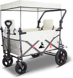Collapsible Foldable Wagon Cart with Quick-Release Wheels & 2 Seats Camping Wagon- Heavy-Duty Utility Wagon 265LBS Capacity for Camping, Garden, Shopping (Beige)