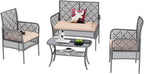 4-Piece Patio Furniture Set, Weather-Resistant Rattan Patio Conversation Set with Two-Tier Coffee Table, Upholstered Openwork Wicker Furniture for Porch, Garden, Lawn, Khaki
