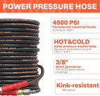 5/16" Pressure Washer Hose 100 FT, Hot and Cold Water Power Washer Hose Max 140°F, Commercial Industrial Grade Steel Wire Braided Kink Proof Extension Hose -4500 PSI