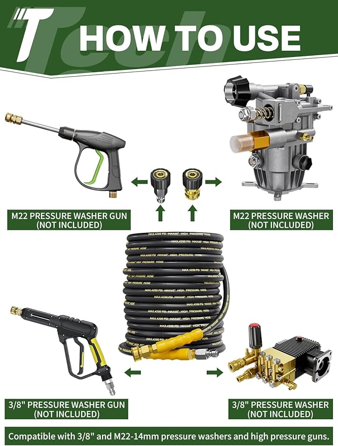 4200PSI Pressure Washer Hose 75FT with 3/8" Swivel Quick Connect for Cold/Hot Water, Kink Resistant Steel Wire Braided, Wear Resistant Power Washer Hose with 2 M22 14mm Adapter Set