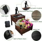 Outdoor Water Fountain，Floor Wooden Rectangular Double-Layer Old-Fashioned Pump Fountain with Flower Box，Solar-Powered Electric Decorative Hand Pump，Outdoor Water Feature for Garden Patio Backyard