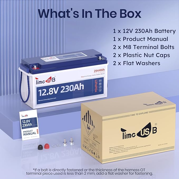 Timeusb 4 Pack 12V 230Ah LiFePO4 Battery, Built-in 150A BMS, Max. 1920W Power Output & 2944Wh Energy Lithium Battery, 15000 Cycles for Your RVs, Solar System, Off-Grid, Camper, etc