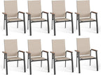 PHI VILLA Outdoor Stackable Chairs, Patio Chairs Set of 8, Light Weight Aluminum Frame with Textilene Fabric & Wood Armrest, High Back Deck Chairs for Poolside Lawn Garden, Beige