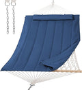 SUNCREAT Hammocks Outdoor Double Hammock with Hardwood Spreader Bar, Heavy Duty Cotton Rope Hammock with Polyester Pad, Dark Blue
