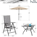 PHI VILLA Outdoor Patio Dining Set with 9 Ft Umbrella for 4, 4 Outdoor Patio Reclining Folding Sling Grey Chairs with Armrest & 1 Square Metal Patio Dining Table with 1.57" Umbrella Hole