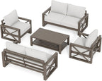 UDPATIO 5 Piece Faux Wood Aluminum Patio Furniture Set 6 Seats Modern Outdoor Furniture Patio Conversation Sets with Coffee Table for Balcony, Backyard, 600D Waterproof Cover Included, Light Grey