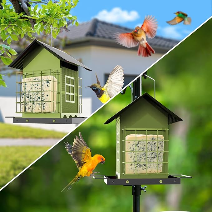 Bird Feeders for Outdoors Hanging, Metal Bird Feeder with Double Suet Cage Cake, Large Capacity, Birdfeeders Sturdy & Weatherproof, Easy to Clean & Refill, Great for Attracting Wild Birds
