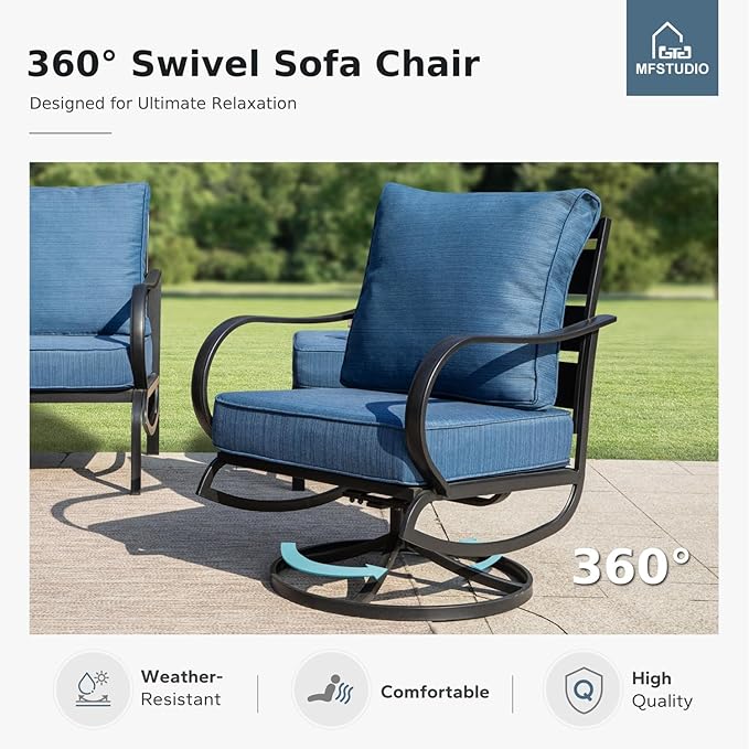 MFSTUDIO 4 Pieces Patio Conversation Sets(5 Seat),Outdoor Metal Furniture Sofas with 1 Loveseat(3 Seat), 2 Swivel Chairs,1 Coffee Table,Wrought Iron with Peacock Blue Cushion