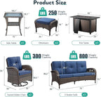 7 Piece Patio Furniture Set with Fire Pit Table - Wicker Patio Conversation Set with Swivel Glider, 3 Seat Sofa, Side Table and 2 Ottomans for Deck Backyard - Brown Wicker Blue Cushion