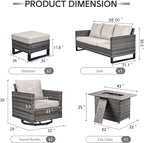 6 Piece Wicker Patio Furniture with Fire Pit Table - Outdoor Conversation Set with 50,000 BTU Fire Pit, All Weather Rattan Patio Set for Deck Backyard Garden - Grey Wicker Beige Cushion