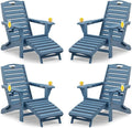 Folding Adirondack Chairs Set of 4,Adirondack Chair with Retractable Ottoman,Plastic Adirondack Chairs with 2 Cup Holder,Weather Resistant Patio Chair,Outdoor Chairs Set of 4(Navy Blue)