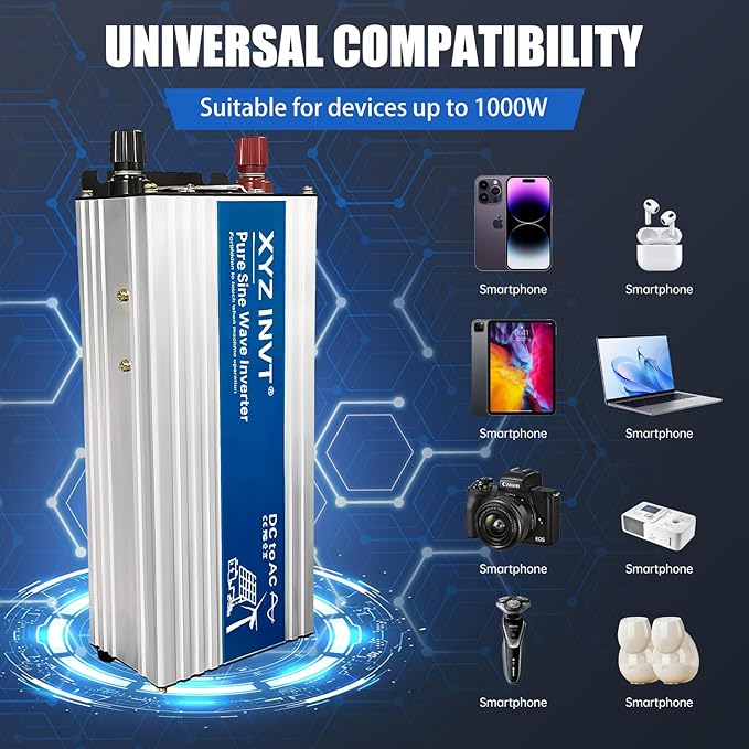 1000W Pure Sine Wave Power Inverter DC 24V to AC 110V/120V, 2000W Peak, Car/Truck Power Converter for Solar, Home, Vehicle & Rechargeable Devices with LED Display