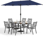 PHI VILLA Patio Dining Set 8 PCS with 13ft Double-Sided Patio Umbrella(Navy Blue)，Metal Outdoor Dining Set - 6 x Outdoor Stackable Chairs, 1 x 60"x38"Rectangle Dining Table and 1 Umbrella