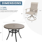 DIFY 5 Pieces Outdoor Patio Dining Set, 4 Sandshell Textilene Swivel Dining Chairs and 40.6" Grey Wood-Like Round Dining Table, Metal Outdoor Table and Chairs