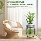 2 Tier Metal Plant Stand Indoor Outdoor , Rustproof Stable Plant Stands Multiple Plant Rack Holder Flower Pot Stand for Living Room Balcony Garden Patio Bedroom (Black, 19.5)