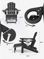 KINGYES Folding Adjustable Adirondack Chair with Ottoman & 2 Cup Holders Set of 4, HDEP Multifunctional Adirondack Chair with Footrest, Black