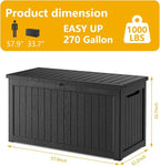 270 Gallon Deck Box, Resin Outdoor Indoor Waterproof Storage Box, Lockable Storage Box With Handle for Patio Furniture - Garden Tools - Swimming Pool Tools UV Resistant, Black - 270