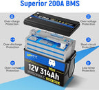 Wattcycle 12V 314Ah Mini LiFePO4 Lithium Battery, 200A BMS & 4.01kWh Energy, Upgraded Cooling Fins & Braided Wires, 4000+ Cycles, Ideal for RV, Marine, Camping, Solar Off-Grid