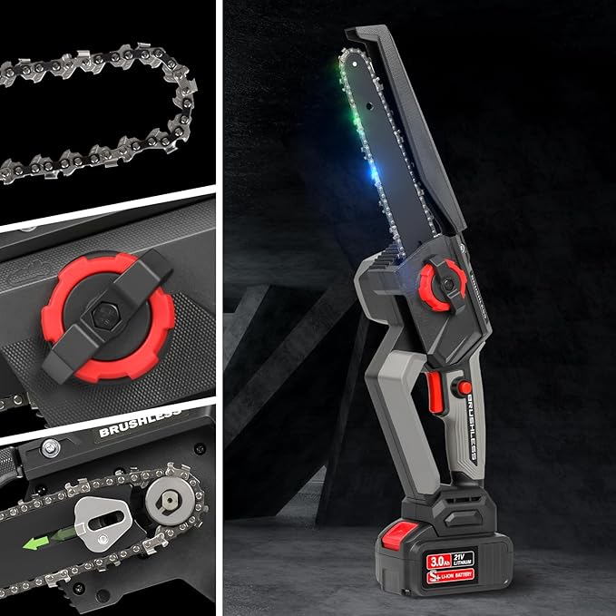 8 Inch Mini Chainsaw, 1150W 5000RPM Brushless Handheld Electric Chain Saw with Chain Guide Plate 2x3.0A Batteries And Other 6 Accessories