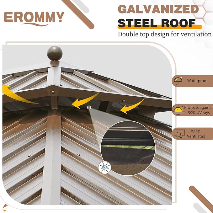 EROMMY 12'x16' Hardtop Gazebo Galvanized Steel Outdoor Aluminum Double Roof Canopy with Netting and Shaded Curtains Permanent Metal Pavilion for Patio, Backyard and Deck