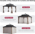 SUNJOY Kingston 12' x 12' Hardtop Gazebo with Galvanized Steel/Polycarbonate Double Roof, Curtain and Netting, Woodgrain Finish Aluminum Posts Permanent Pavilion Gazebo for Garden, Patio, Deck, Lawn